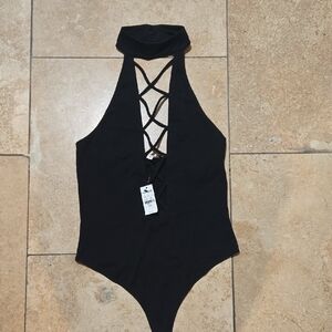 EXPRESS Black Crisscross Halter One-Piece Bodysuit